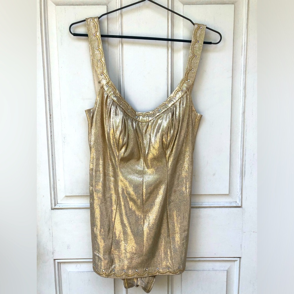 Vintage Showgirl Gold Metallic Bodysuit w/ Rhinestones